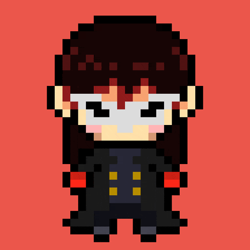a pixel art of a person wearing a mask and a black jacket .