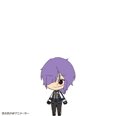 a cartoon character with purple hair has a red eye and stitches on his face