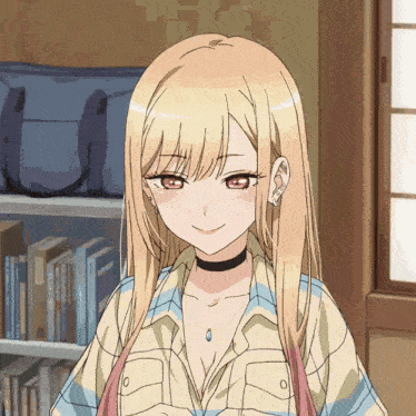 a blonde anime girl wearing a choker and a plaid shirt