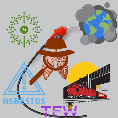 an advertisement for asbestos tfw with a train and a magnifying glass