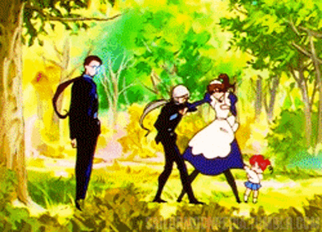 a group of people standing in a park with the words " sailor moon " on the bottom left