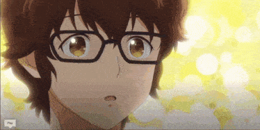 a close up of a person wearing glasses with a play button
