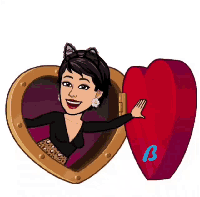 a cartoon of a woman holding a red heart with the letter b written on it