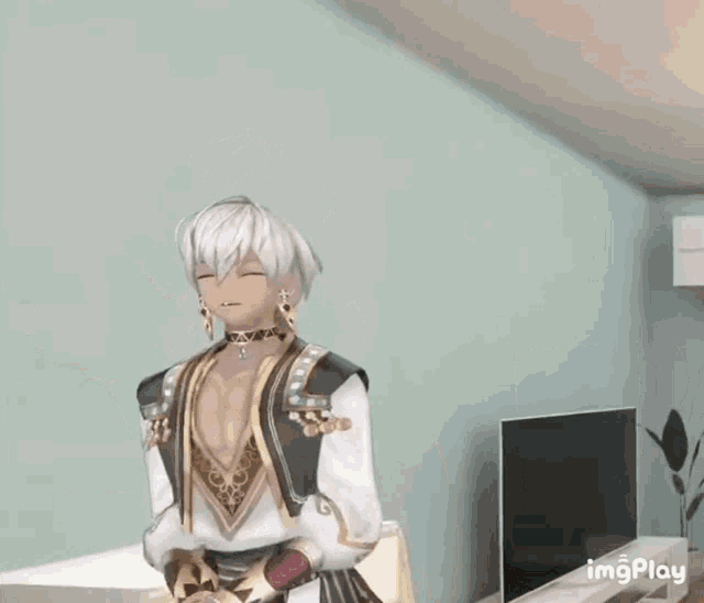 a video game character applauds in front of a television with imgplay written on the bottom