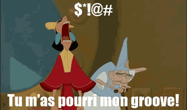 a cartoon of a man and a wizard with the words tu m'as pourri mon groove