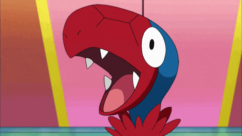 a red and blue cartoon parrot with its mouth wide open