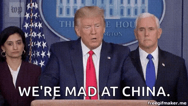 donald trump is giving a speech at a podium and says " we 're mad at china "