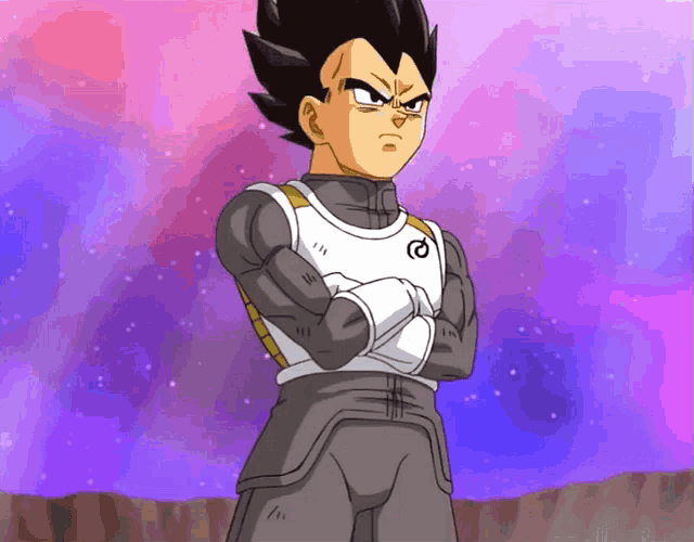 a cartoon character is standing with his arms crossed and a purple background