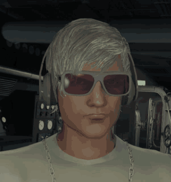 a man wearing sunglasses and headphones stands in front of a green exit sign