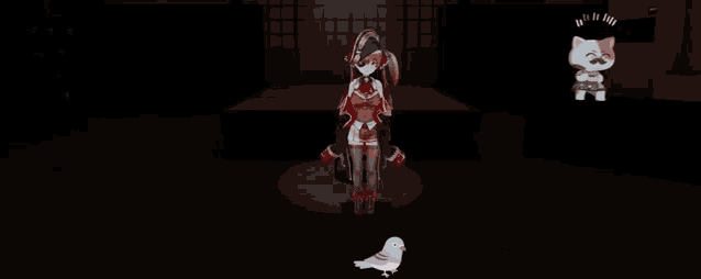 a girl in a pirate outfit is standing in a dark room surrounded by birds and a cat