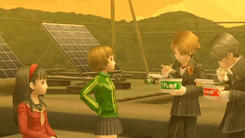 a group of cartoon characters are standing around eating noodles
