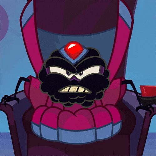 a cartoon character with a red jewel on his head is sitting in a chair
