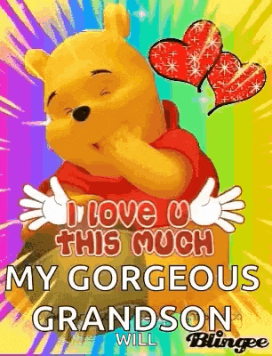 winnie the pooh is hugging a rainbow background and says `` i love you this much my gorgeous grandson will '' .
