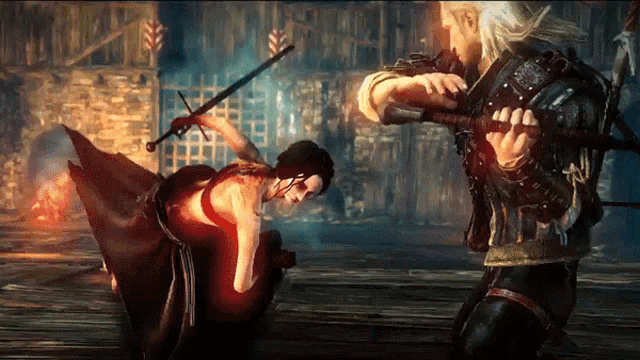 a man and a woman fighting with swords in a video game