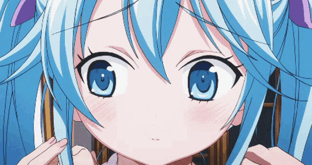 a close up of a anime girl with blue hair