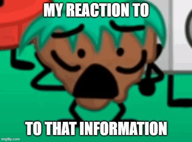 a cartoon character with green hair is standing in front of a green background and says `` my reaction to that information '' .