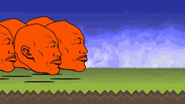 a cartoon drawing of three orange heads on a green field