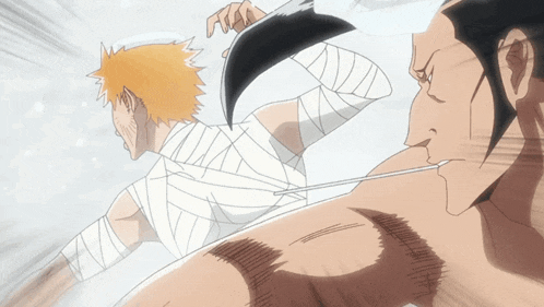 a man with a bandage on his arm is being attacked by another man