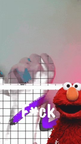 elmo from sesame street is standing next to a person with the word f * ck in the background