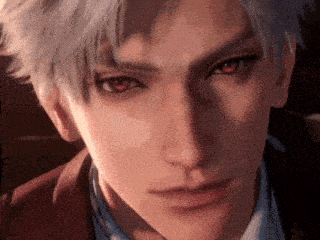 a close up of a person 's face with red eyes and white hair