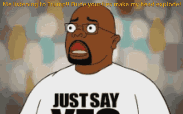 a cartoon man wearing a white shirt that says just say