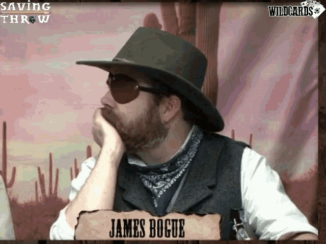a man wearing a cowboy hat and sunglasses named james rogue