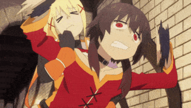 a girl with red eyes and a red shirt has a x on her chest