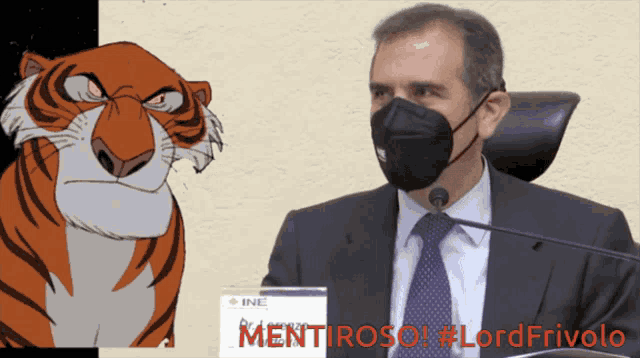 a man wearing a face mask is sitting in front of a sign that says mentiraso