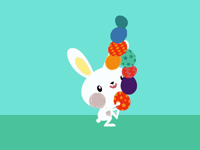 a bunny is holding a bunch of colorful eggs