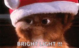 a close up of a gremlin wearing a santa hat and saying bright light .
