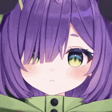 a girl with purple hair and green eyes is wearing a green jacket