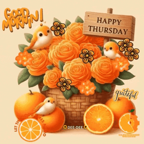 a happy thursday greeting card with flowers , oranges , and birds .