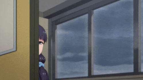 a girl in a school uniform is peeking out of a door