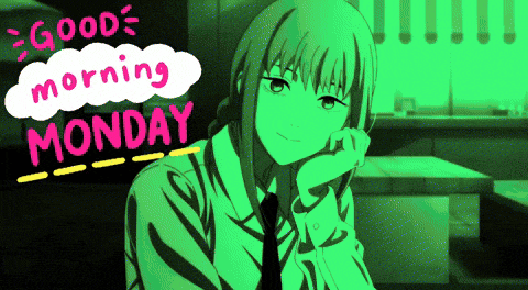 a green background with a girl and the words good morning monday on it