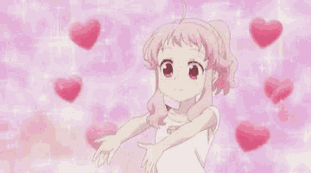 a girl with pink hair is standing in front of a pink background with hearts and says `` you '' .