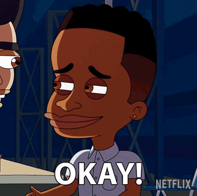 a cartoon of a man with the word okay on his shirt