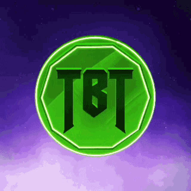 a green coin with the word tbt on it is floating in the air .