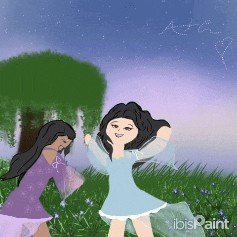 two girls are dancing in a field with ibispaint written on the bottom right