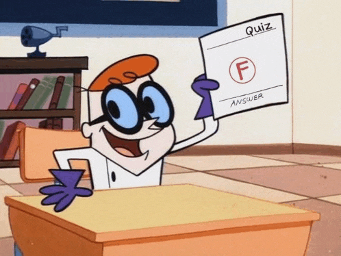a cartoon character holding up a paper that says quiz