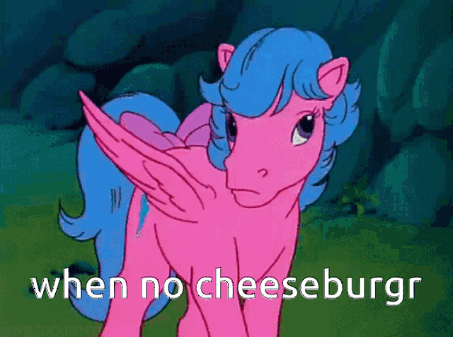 a pink and blue pony with the words when no cheeseburgr