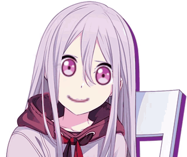 a girl with long white hair and pink eyes looks at the camera