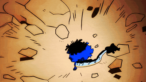 a cartoon drawing of a person with a blue hair and a long tail