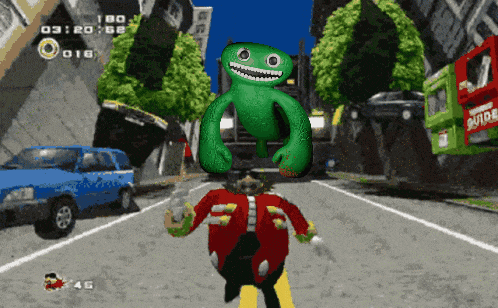 a sonic the hedgehog video game shows a green monster behind a man