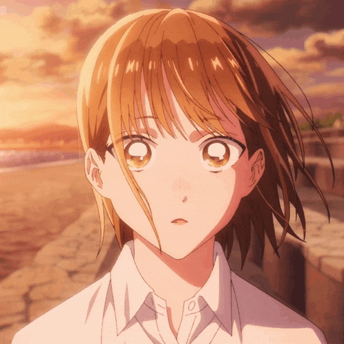 a close up of a girl 's face with a white shirt and brown hair