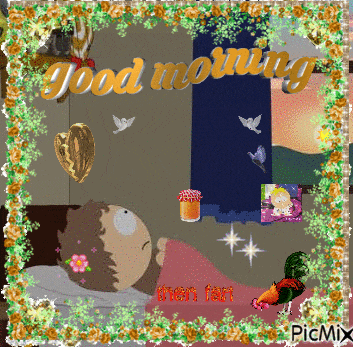 a picture of a girl laying in bed with the words good morning written above her