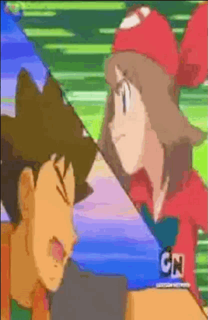 a man and a woman are standing next to each other and looking at each other in a cartoon .