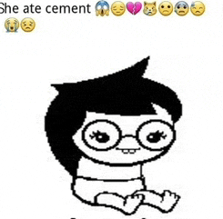 a black and white drawing of a child with glasses and the words she ate cement