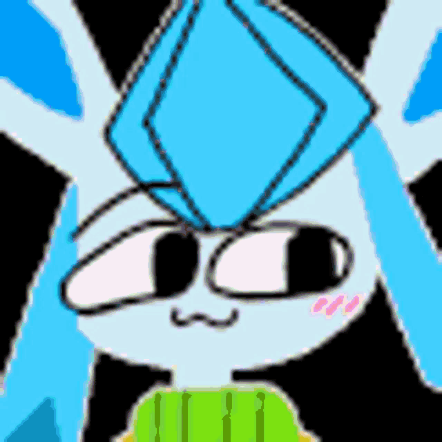 a cartoon character with a blue diamond on his head and a green sweater .
