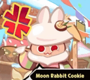 a moon rabbit cookie is standing in front of a bunch of candy .