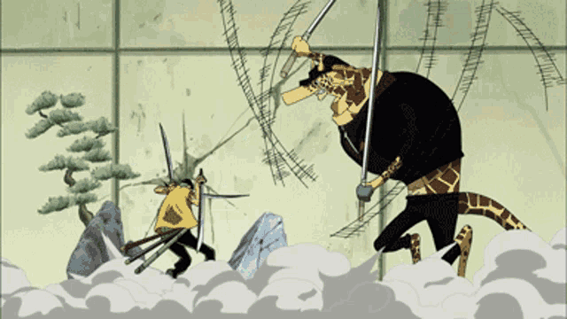 a cartoon of a giraffe holding a sword fighting a man